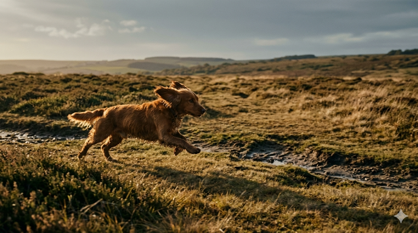 A red cocker spaniel mid-stride across a UK heath at golden hour, ears back, all four paws lifting from the grass.