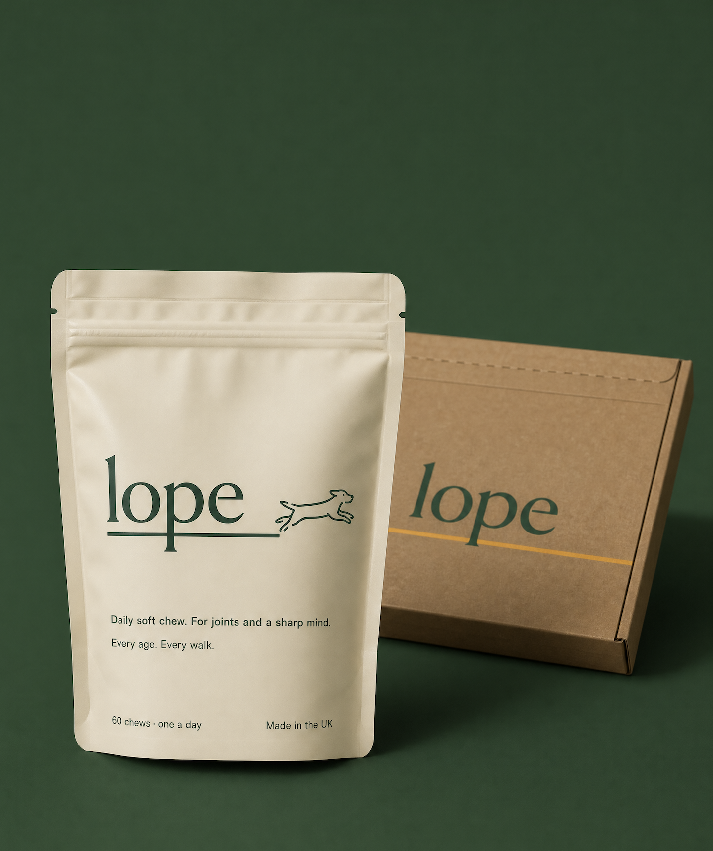 A cream Lope pouch and a kraft letterbox-friendly mailer box, both stamped with the Lope wordmark, on a deep field-green background.